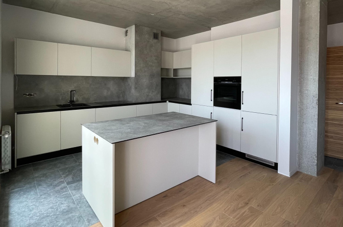 Кухня  лофт с фасадами AGT с компакт-пплитой